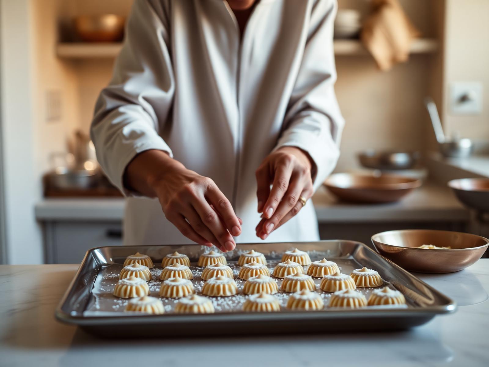 Indian sweets being finished by hand in a clean modern kitchen