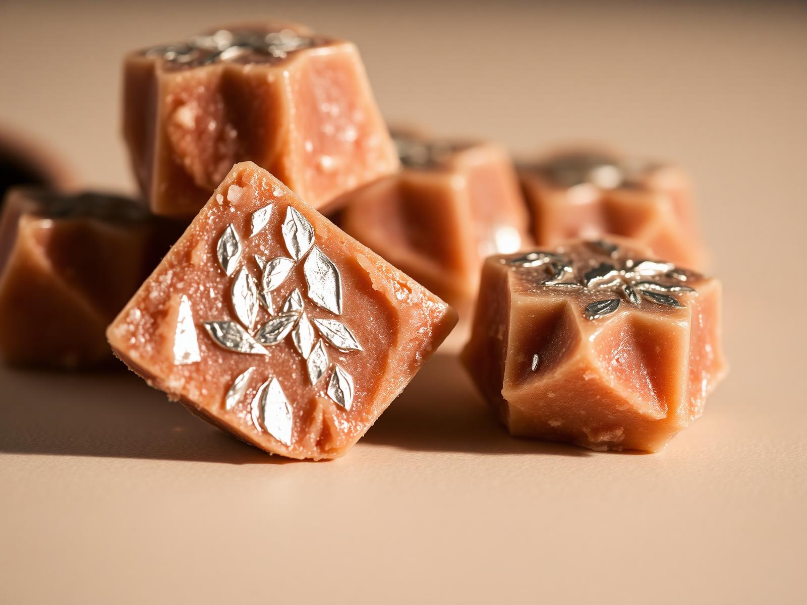 Macro close-up of kaju katli diamonds with edible silver leaf