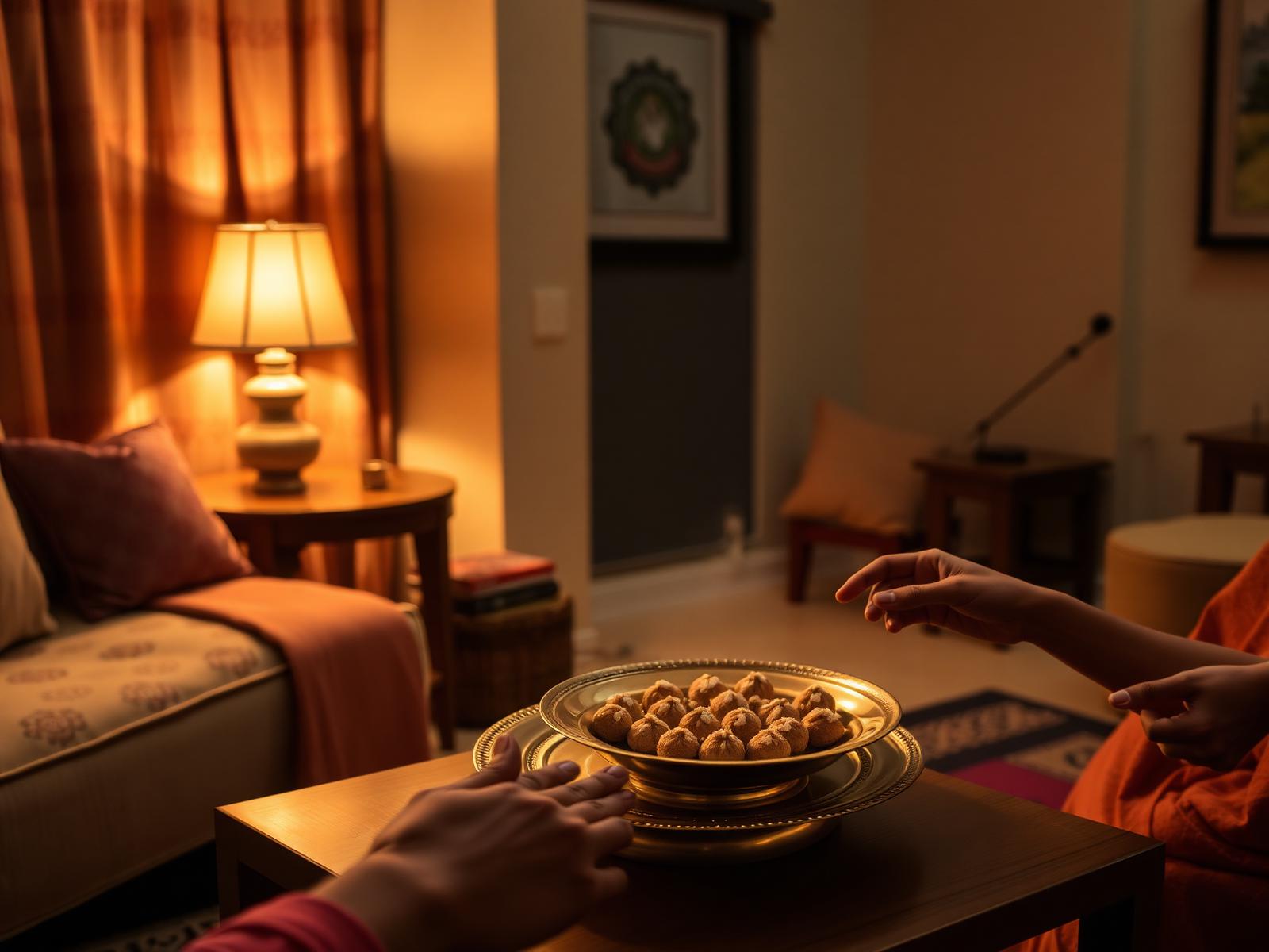 Kaju katli served on a brass plate in a warmly lit living room