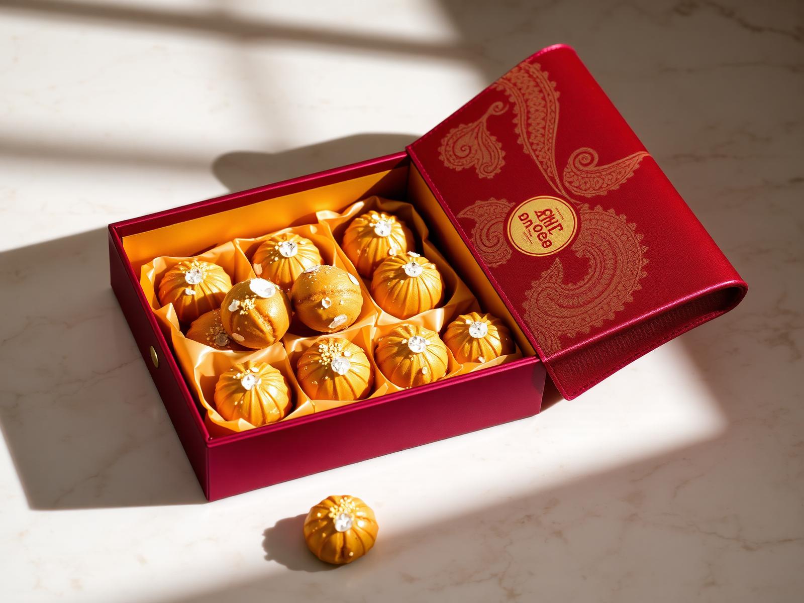 Motichoor ladoos arranged inside a Maharaja House gift box