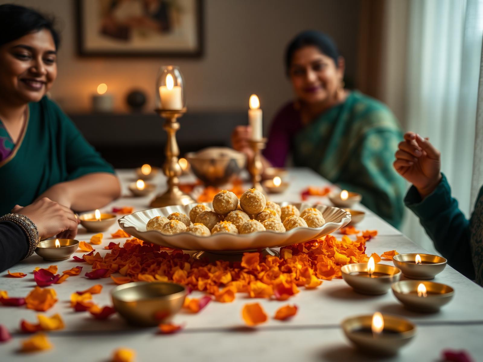 Motichoor ladoos on a festive family table with diyas and petals