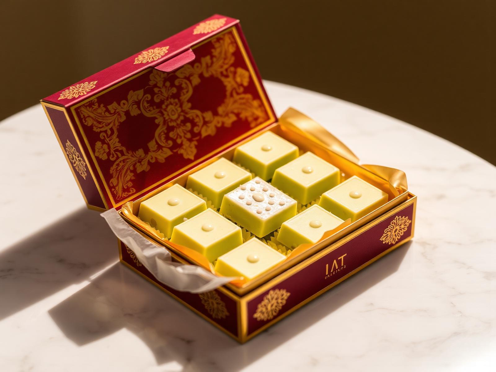 Pista barfi arranged inside a Maharaja House gift box