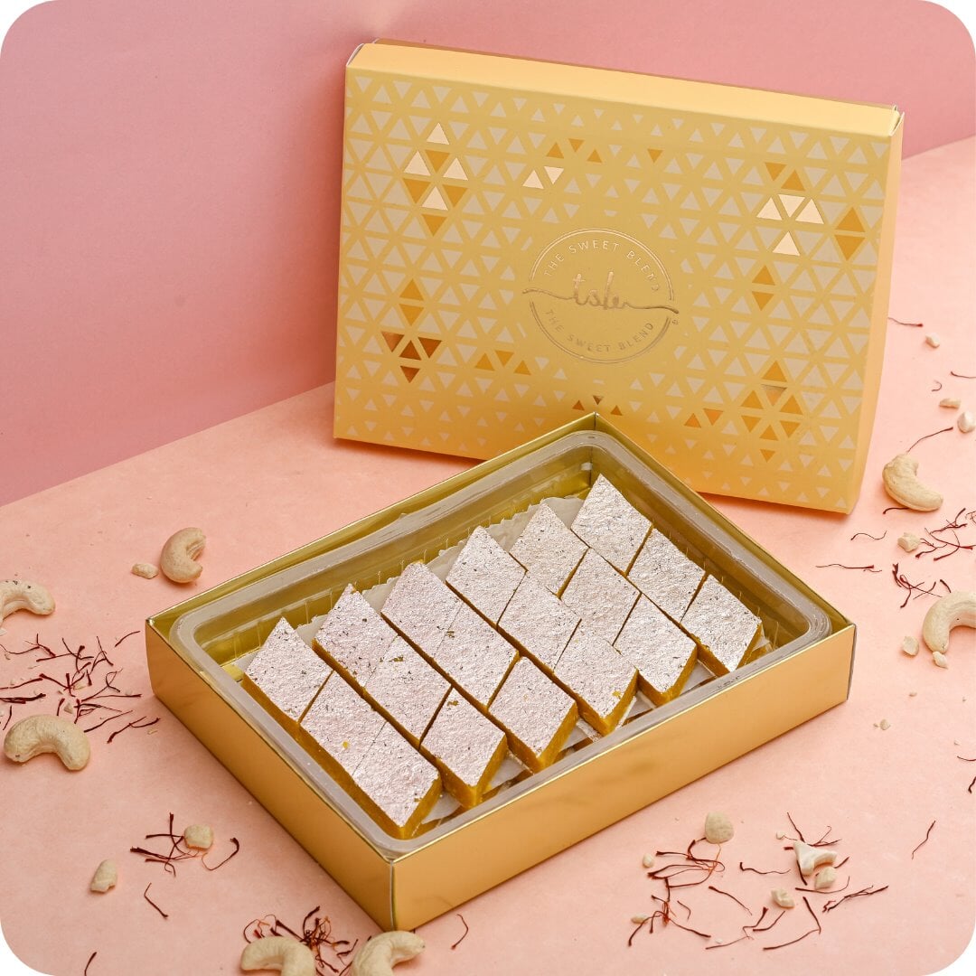 Kaju katli arranged inside a Maharaja House gift box