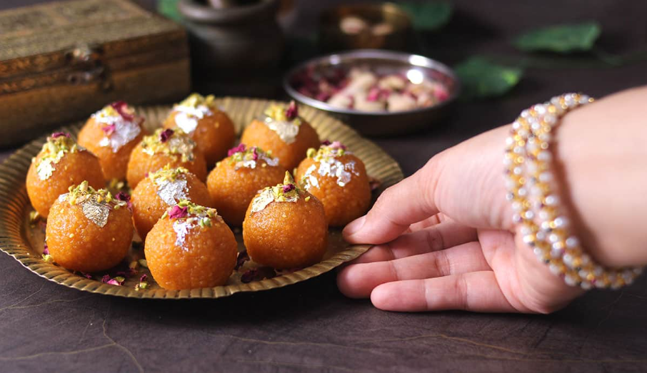 Motichoor ladoos on a festive family table